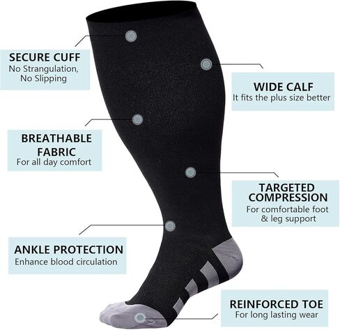 Neoviancia حجم كبير جوارب ضغط للنساء الرجال واسعة العجل 15-20 mmhg الركبة دعم جوارب ضغط للممرضات الجري in Kuwait