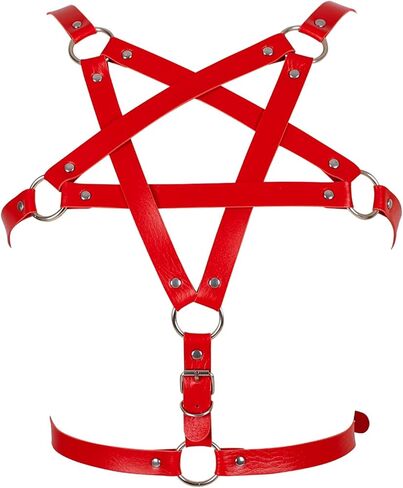 Punk Harness Leather Body Tops Pentagram Full Caged Gothic Lingerie Halloween Rave Clothing (Red) in Kuwait