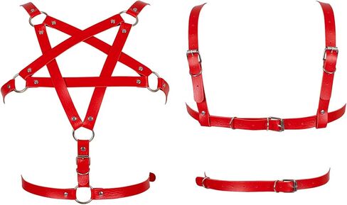 Punk Harness Leather Body Tops Pentagram Full Caged Gothic Lingerie Halloween Rave Clothing (Red) in Kuwait