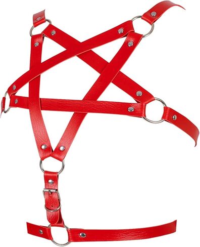 Punk Harness Leather Body Tops Pentagram Full Caged Gothic Lingerie Halloween Rave Clothing (Red) in Kuwait