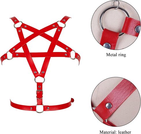 Punk Harness Leather Body Tops Pentagram Full Caged Gothic Lingerie Halloween Rave Clothing (Red) in Kuwait