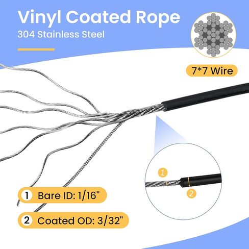 Wire Rope, Black Vinyl Coated Steel Cable, Stainless Steel Wire Cable with 30Pcs Crimping Sleeves, Guide Wire for Outdoor String Lights, 1/16" Overmolded to 3/32", 7x7 Construction(100FT) in Kuwait