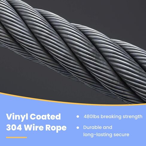 Wire Rope, Black Vinyl Coated Steel Cable, Stainless Steel Wire Cable with 30Pcs Crimping Sleeves, Guide Wire for Outdoor String Lights, 1/16" Overmolded to 3/32", 7x7 Construction(100FT) in Kuwait