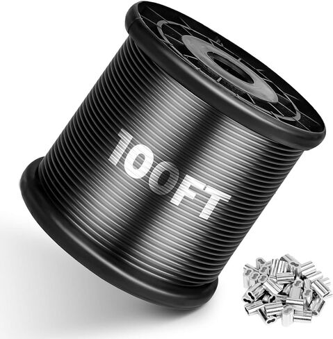 Wire Rope, Black Vinyl Coated Steel Cable, Stainless Steel Wire Cable with 30Pcs Crimping Sleeves, Guide Wire for Outdoor String Lights, 1/16" Overmolded to 3/32", 7x7 Construction(100FT) in Kuwait