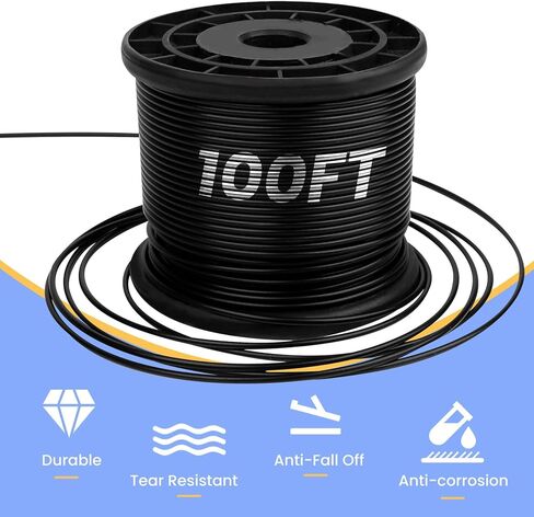 Wire Rope, Black Vinyl Coated Steel Cable, Stainless Steel Wire Cable with 30Pcs Crimping Sleeves, Guide Wire for Outdoor String Lights, 1/16" Overmolded to 3/32", 7x7 Construction(100FT) in Kuwait