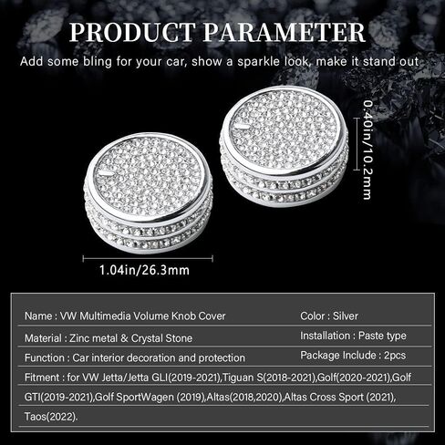 Audio Volume Knob Cover Compatible with Volkswagen VW Bling Accessories Atlas Tiguan Jetta Passat Car Bling for Women (Silver) in Saudi Arabia