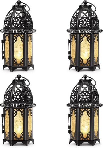 Metal Candle Holder 4PCS Transparent Glass Moroccan Style Hanging Lanterns Creative Wedding Home Tabletop Decoration Birdcage, Black in Saudi Arabia