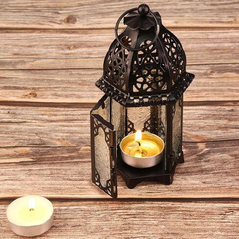 Metal Candle Holder 4PCS Transparent Glass Moroccan Style Hanging Lanterns Creative Wedding Home Tabletop Decoration Birdcage, Black in Saudi Arabia