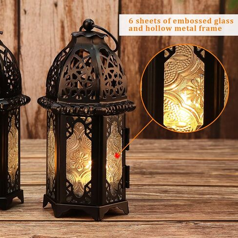 Metal Candle Holder 4PCS Transparent Glass Moroccan Style Hanging Lanterns Creative Wedding Home Tabletop Decoration Birdcage, Black in Saudi Arabia