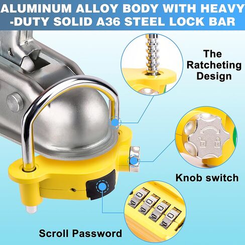 أقفال وصلة المقطورة، مجموعة أقفال المقطورة، وصلة ربط الكرة شديدة التحمل، أقفال وصلة سحب آمنة، ملحقات العربة تناسب قارنات التوصيل 1-7/8 بوصة و2 بوصة و2-5/16 بوصة (أصفر) in Kuwait