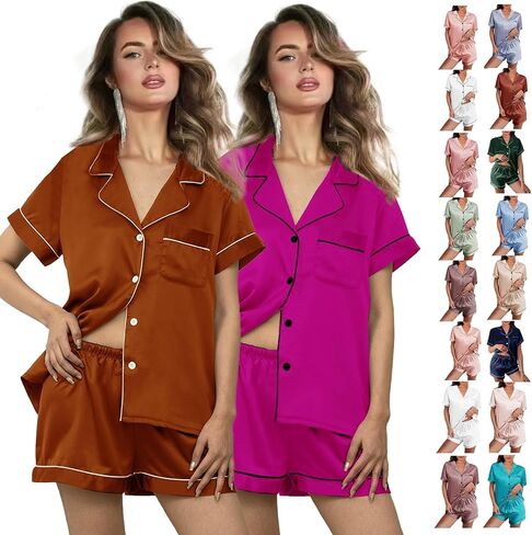2 Pack: Silk Pajamas XS-2XL Womens Satin Pajama Set Bride Soft Pj Lounge Sets Pjs Shorts Set Short Sleepwear in Saudi Arabia
