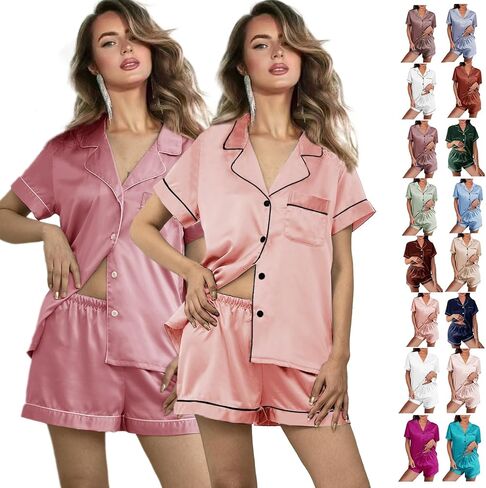 2 Pack: Silk Pajamas XS-2XL Womens Satin Pajama Set Bride Soft Pj Lounge Sets Pjs Shorts Set Short Sleepwear in Saudi Arabia