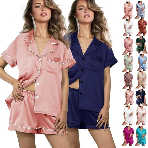 2 Pack: Silk Pajamas XS-2XL Womens Satin Pajama Set Bride Soft Pj Lounge Sets Pjs Shorts Set Short Sleepwear in Saudi Arabia