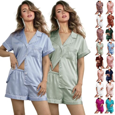 2 Pack: Silk Pajamas XS-2XL Womens Satin Pajama Set Bride Soft Pj Lounge Sets Pjs Shorts Set Short Sleepwear in Saudi Arabia