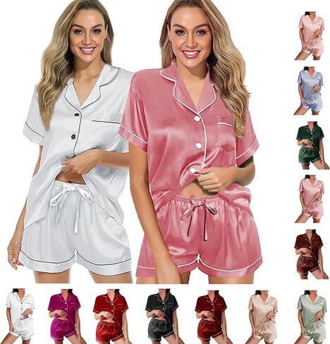 2 Pack: Silk Pajamas XS-2XL Womens Satin Pajama Set Bride Soft Pj Lounge Sets Pjs Shorts Set Short Sleepwear in Saudi Arabia
