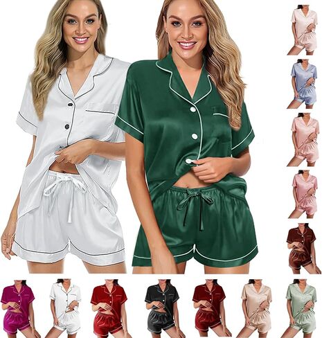 2 Pack: Silk Pajamas XS-2XL Womens Satin Pajama Set Bride Soft Pj Lounge Sets Pjs Shorts Set Short Sleepwear in Saudi Arabia