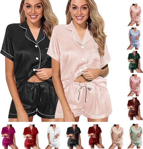 2 Pack: Silk Pajamas XS-2XL Womens Satin Pajama Set Bride Soft Pj Lounge Sets Pjs Shorts Set Short Sleepwear in Saudi Arabia