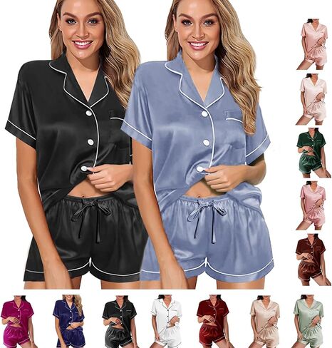 2 Pack: Silk Pajamas XS-2XL Womens Satin Pajama Set Bride Soft Pj Lounge Sets Pjs Shorts Set Short Sleepwear in Saudi Arabia