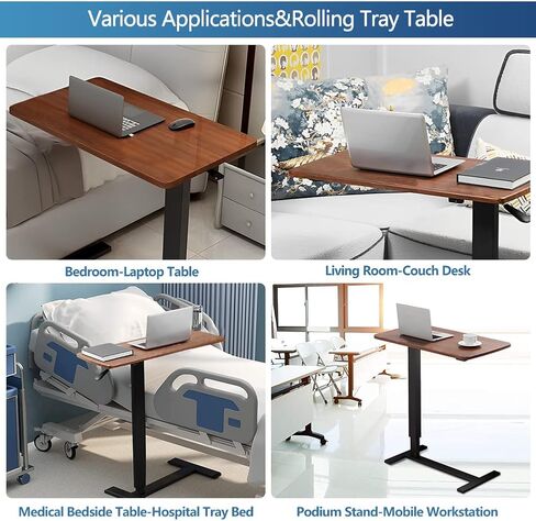 Overbed Table,Hospital Bed Table,Pneumatic Mobile Standing Rolling Laptop Desk,Overbed Table with Wheels Adjustable Height,Hospital Table Over Bed Home Use&Medical Bedside Table-Walnut in Saudi Arabia