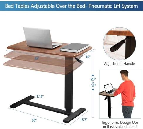 Overbed Table,Hospital Bed Table,Pneumatic Mobile Standing Rolling Laptop Desk,Overbed Table with Wheels Adjustable Height,Hospital Table Over Bed Home Use&Medical Bedside Table-Walnut in Saudi Arabia