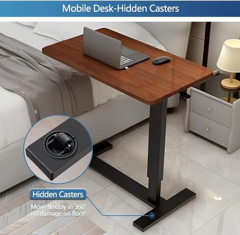 Overbed Table,Hospital Bed Table,Pneumatic Mobile Standing Rolling Laptop Desk,Overbed Table with Wheels Adjustable Height,Hospital Table Over Bed Home Use&Medical Bedside Table-Walnut in Saudi Arabia