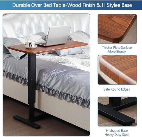 Overbed Table,Hospital Bed Table,Pneumatic Mobile Standing Rolling Laptop Desk,Overbed Table with Wheels Adjustable Height,Hospital Table Over Bed Home Use&Medical Bedside Table-Walnut in Saudi Arabia