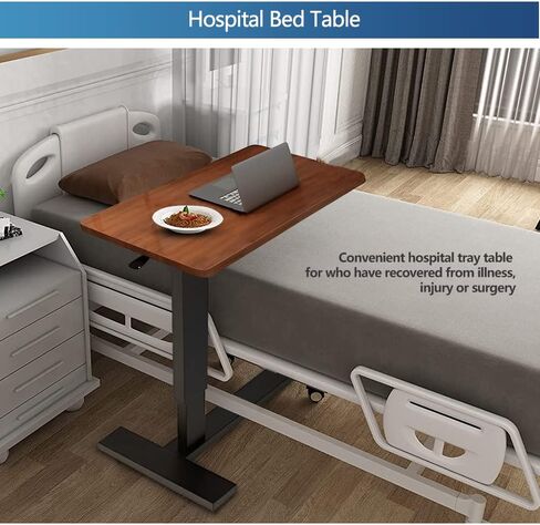 Overbed Table,Hospital Bed Table,Pneumatic Mobile Standing Rolling Laptop Desk,Overbed Table with Wheels Adjustable Height,Hospital Table Over Bed Home Use&Medical Bedside Table-Walnut in Saudi Arabia