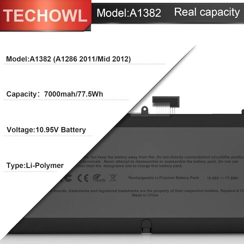 بطارية بديلة A1382 A1286 لجهاز MacBook Pro 15 بوصة (أوائل/أواخر 2011، إصدار منتصف 2012) مناسبة لبطارية MacBookPro8,2 9,1 A1286 [10.95V/77.5Wh] in Kuwait