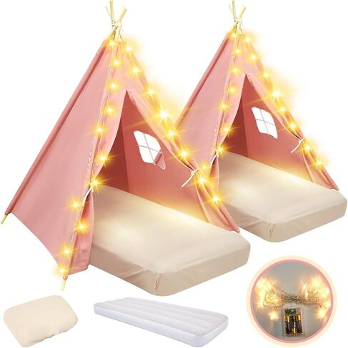 2 Pack Kids Teepee Tent with Mattress,Fitted Sheet,Light String,Washable Natural Cotton Toddler Play Tent for Girls Boys Indoor Outdoor Sleepover Slumber Birthday Party(White) in Saudi Arabia