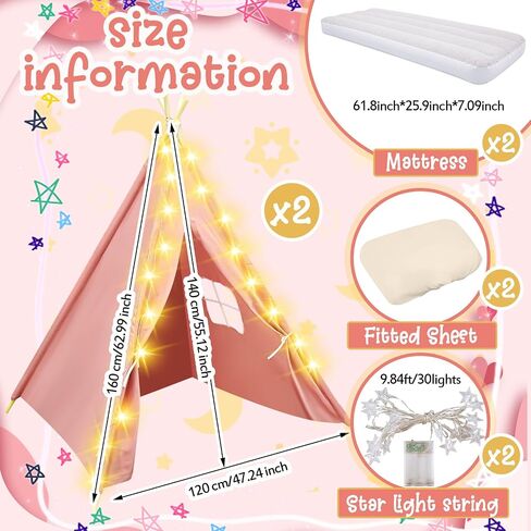2 Pack Kids Teepee Tent with Mattress,Fitted Sheet,Light String,Washable Natural Cotton Toddler Play Tent for Girls Boys Indoor Outdoor Sleepover Slumber Birthday Party(White) in Saudi Arabia