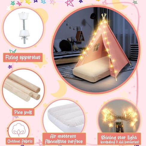 2 Pack Kids Teepee Tent with Mattress,Fitted Sheet,Light String,Washable Natural Cotton Toddler Play Tent for Girls Boys Indoor Outdoor Sleepover Slumber Birthday Party(White) in Saudi Arabia