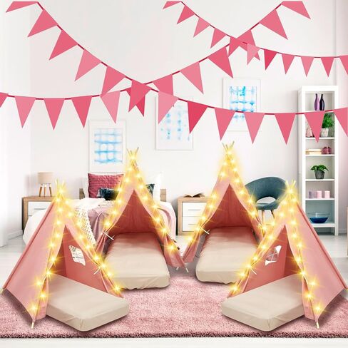 2 Pack Kids Teepee Tent with Mattress,Fitted Sheet,Light String,Washable Natural Cotton Toddler Play Tent for Girls Boys Indoor Outdoor Sleepover Slumber Birthday Party(White) in Saudi Arabia