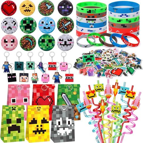 110 Pixel Party Favors Birthday Party Supplies Button Pins Straws Silicone Bracelets Keychains Stickers Goodie Bag Stuffer Toy Prize Pinata Filler Miner Themed Party Favors for Kids Boys Girls in Kuwait
