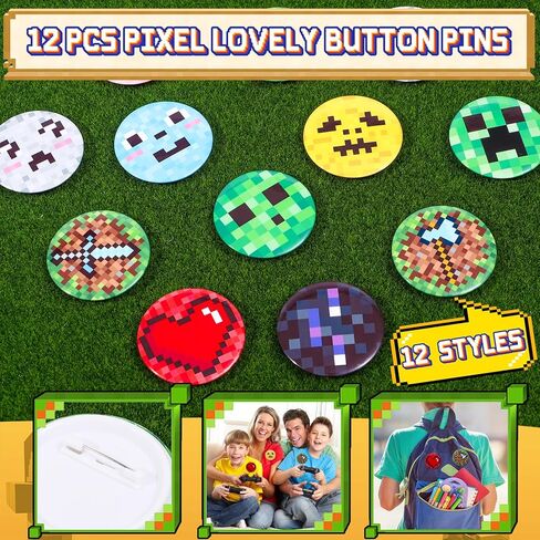 110 Pixel Party Favors Birthday Party Supplies Button Pins Straws Silicone Bracelets Keychains Stickers Goodie Bag Stuffer Toy Prize Pinata Filler Miner Themed Party Favors for Kids Boys Girls in Kuwait
