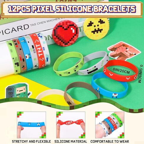 110 Pixel Party Favors Birthday Party Supplies Button Pins Straws Silicone Bracelets Keychains Stickers Goodie Bag Stuffer Toy Prize Pinata Filler Miner Themed Party Favors for Kids Boys Girls in Kuwait