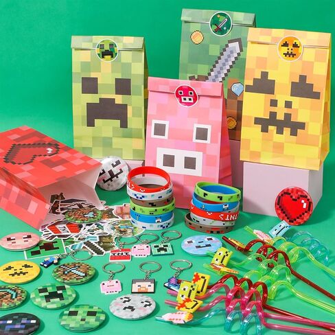 110 Pixel Party Favors Birthday Party Supplies Button Pins Straws Silicone Bracelets Keychains Stickers Goodie Bag Stuffer Toy Prize Pinata Filler Miner Themed Party Favors for Kids Boys Girls in Kuwait
