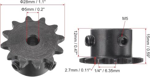 ضرس دوار uxcell 12 سن من النوع B، 25 سلسلة، حبلا واحد 1/4 بوصة، تجويف 5 مم من أكسيد الكربون الأسود C45 من الفولاذ الكربوني مع مجموعة براغي لـ ISO 04C in Kuwait