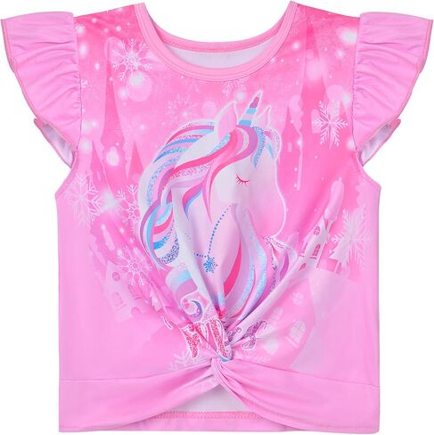 قمصان صيفية للفتيات الصغيرات، قمصان مكشكشة بأكمام قصيرة على شكل وحيد القرن للفتيات من سن 3 إلى 6 سنوات in Kuwait