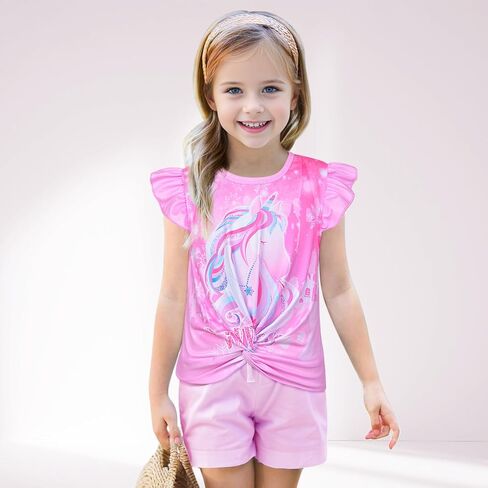 قمصان صيفية للفتيات الصغيرات، قمصان مكشكشة بأكمام قصيرة على شكل وحيد القرن للفتيات من سن 3 إلى 6 سنوات in Kuwait