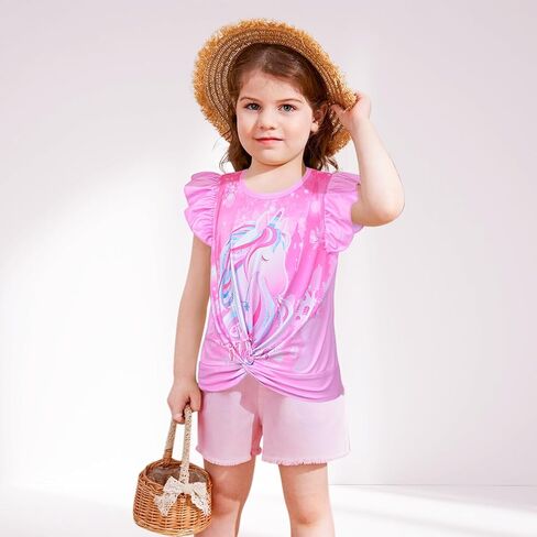 قمصان صيفية للفتيات الصغيرات، قمصان مكشكشة بأكمام قصيرة على شكل وحيد القرن للفتيات من سن 3 إلى 6 سنوات in Kuwait