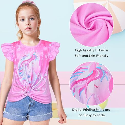قمصان صيفية للفتيات الصغيرات، قمصان مكشكشة بأكمام قصيرة على شكل وحيد القرن للفتيات من سن 3 إلى 6 سنوات in Kuwait