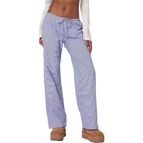 Mxiqqpltky Women Y2K Striped Pants Casual Drawstring High Waist Loose Pajama Pants Bottoms Soft Wide Leg Trousers Loungewear in Kuwait