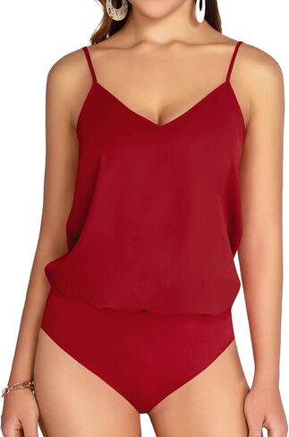MANGOPOP Women's Bodysuit V Neck Spaghetti Strap Tank Tops Cami Backless Sleeveless Loose Fit Blouse Body Suits Sexy Casual in Saudi Arabia