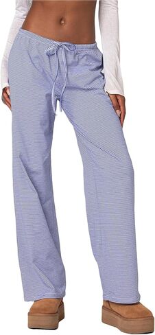 Mxiqqpltky Women Y2K Striped Pants Casual Drawstring High Waist Loose Pajama Pants Bottoms Soft Wide Leg Trousers Loungewear in Kuwait