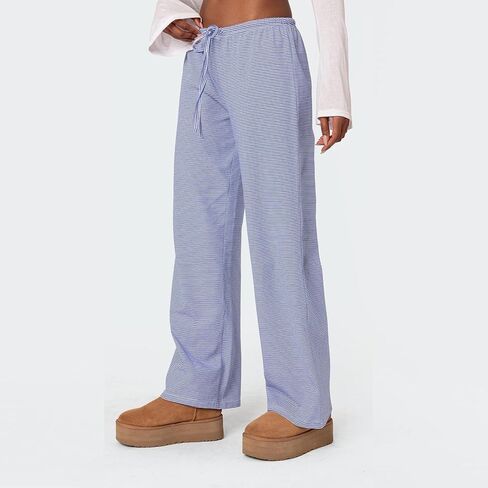 Mxiqqpltky Women Y2K Striped Pants Casual Drawstring High Waist Loose Pajama Pants Bottoms Soft Wide Leg Trousers Loungewear in Kuwait