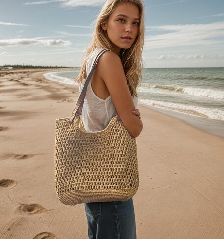Crochet Beach Bag for Women - Summer Mesh Beach Tote Bag Boho Woven Purse Shoulder Handbags for Vacation Travel in Saudi Arabia