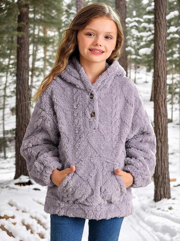 BesserBay Girls Winter Sherpa Fleece Fuzzy Hoodies Sweatshirts Button Down Casual Outerwear Coat with Pockets 4-14 Years in Saudi Arabia