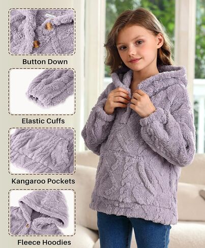 BesserBay Girls Winter Sherpa Fleece Fuzzy Hoodies Sweatshirts Button Down Casual Outerwear Coat with Pockets 4-14 Years in Saudi Arabia