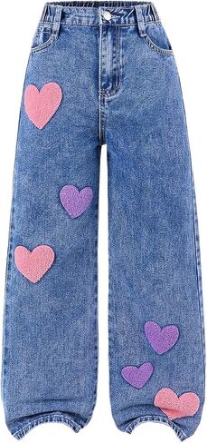 Wdirara Girl's Star Heart Print Denim Pants مرنة الخصر جينز مستقيم الساق مع جيوب in Saudi Arabia