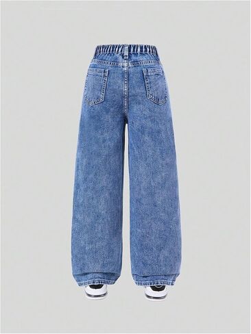 Wdirara Girl's Star Heart Print Denim Pants مرنة الخصر جينز مستقيم الساق مع جيوب in Saudi Arabia